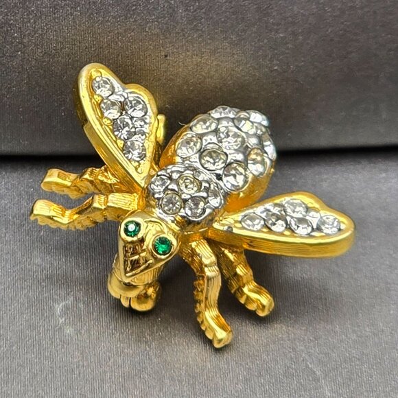 VTG Joan Rivers Bee Brooch 7/8" Clear Rhinestones Green Eyes Gold-Plated Signed - Picture 1 of 8